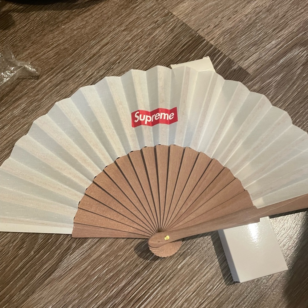 Supreme White and Tan Folding Fan